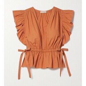 Ulla Johnson Lyla Flutter Sleeve Peplum Top Women’s 2 Orange Clay Bowtie Ruffle